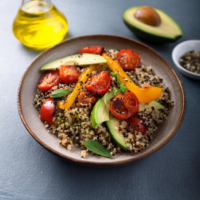 Barevný quinoa salát s avokádem a grilovanou zeleninou